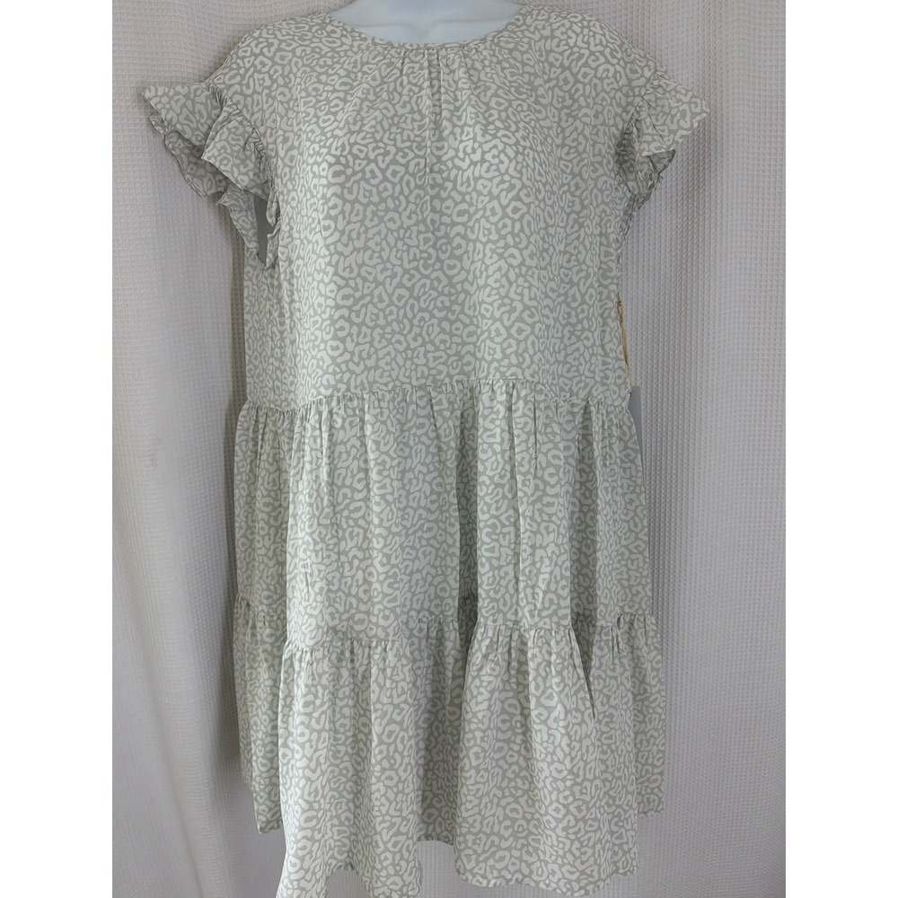 Harper Wren Sage Green Leopard Print Ruffle Flutter Sleeve Tiered Dress xSmall